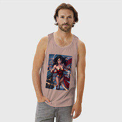 Майка мужская хлопок Чудо-женщина на крыше с городским фоном в стиле ко, цвет: пыльно-розовый — фото 2