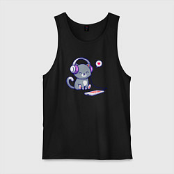 Майка мужская хлопок Котёнок меломан, цвет: черный