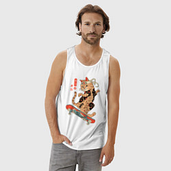 Майка мужская хлопок Кот самурай - скейтбордист, цвет: белый — фото 2