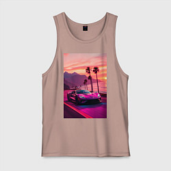 Майка мужская хлопок Суперкар едет около океана, цвет: пыльно-розовый