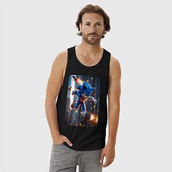 Майка мужская хлопок Соник убегает от летящих ракет, цвет: черный — фото 2