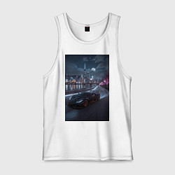 Майка мужская хлопок Черный суперкар едет к мегаполису, цвет: белый