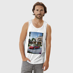 Майка мужская хлопок Красный суперкар у дома, цвет: белый — фото 2