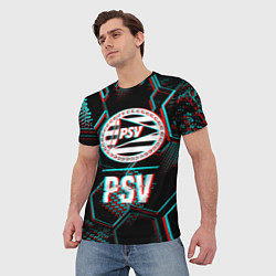Футболка мужская PSV FC в стиле Glitch на темном фоне, цвет: 3D-принт — фото 2