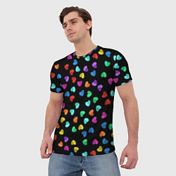 Футболка мужская Сердечки разноцветные на черном, цвет: 3D-принт — фото 2