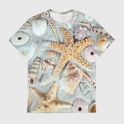 Футболка мужская Морские звёзды и ракушки на океанском песке, цвет: 3D-принт