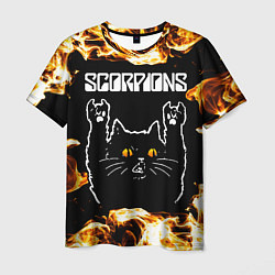 Футболка мужская Scorpions рок кот и огонь, цвет: 3D-принт