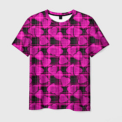 Футболка мужская Black and pink hearts pattern on checkered, цвет: 3D-принт