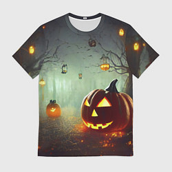 Футболка мужская Тыква на Хэллоуин в ночном туманном лесу, цвет: 3D-принт
