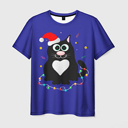 Футболка мужская Черный пушистый кот в шапке Санта Клауса, цвет: 3D-принт