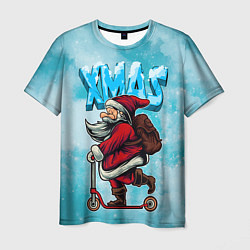Футболка мужская Санта с мешком на самокате, цвет: 3D-принт