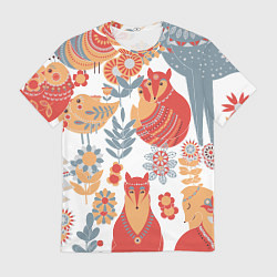 Футболка мужская Животные, птицы, растения в скандинавском стиле, цвет: 3D-принт