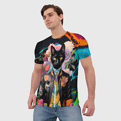 Футболка мужская Модный чёрный кот - нейросеть - мода, цвет: 3D-принт — фото 2