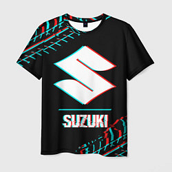 Футболка мужская Значок Suzuki в стиле glitch на темном фоне, цвет: 3D-принт