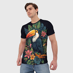 Футболка мужская Тукан на фоне тропических листьев: арт нейросети, цвет: 3D-принт — фото 2
