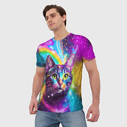 Футболка мужская Полосатый кот с разноцветной звездной туманностью, цвет: 3D-принт — фото 2