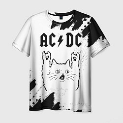 Футболка мужская AC DC рок кот на светлом фоне, цвет: 3D-принт