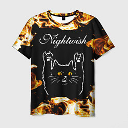 Футболка мужская Nightwish рок кот и огонь, цвет: 3D-принт