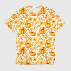 Футболка мужская Тыквы и осенние цветы - паттерн, цвет: 3D-принт