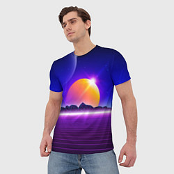 Футболка мужская Mountains - sun - space - vaporwave, цвет: 3D-принт — фото 2