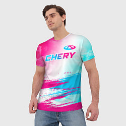 Футболка мужская Chery neon gradient style: символ сверху, цвет: 3D-принт — фото 2