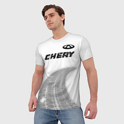 Футболка мужская Chery speed на светлом фоне со следами шин посеред, цвет: 3D-принт — фото 2
