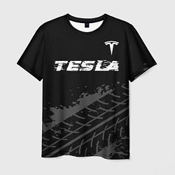 Футболка мужская Tesla speed на темном фоне со следами шин посереди, цвет: 3D-принт