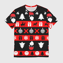 Футболка мужская Новогодний патерн с оленями и сантой, цвет: 3D-принт