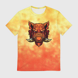 Футболка мужская Огненный дикий кабан на фоне пламени, цвет: 3D-принт