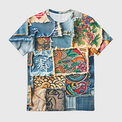 Футболка мужская Японские мотивы на дениме, цвет: 3D-принт
