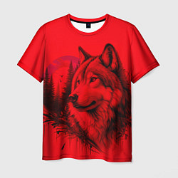 Футболка мужская Рисунок волка на красном, цвет: 3D-принт