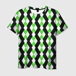 Футболка мужская Зелёные и белые ромбы на чёрном фоне, цвет: 3D-принт