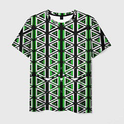 Футболка мужская Бело-зелёные треугольники на чёрном фоне, цвет: 3D-принт
