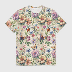 Мужская футболка Летний узор с цветами и бабочками