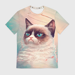 Футболка мужская Мемный кот Grumpy Cat с нимбом, цвет: 3D-принт