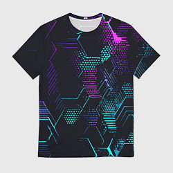 Футболка мужская Розово-голубые точки и линии на чёрном фоне, цвет: 3D-принт