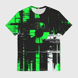 Футболка мужская Зелёно-белый гранж на чёрном фоне, цвет: 3D-принт