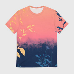 Футболка мужская Листья на сине-розовом фоне - нейросеть, цвет: 3D-принт