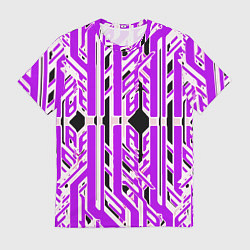 Футболка мужская Бело-фиолетовые техно полосы на чёрном фоне, цвет: 3D-принт