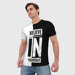 Футболка мужская Верь в себя надпись черно белая, цвет: 3D-принт — фото 2