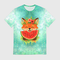 Футболка мужская Веселая лисичка ест арбуз, цвет: 3D-принт