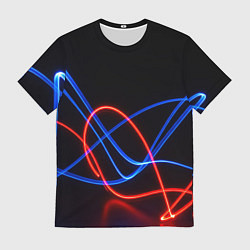 Футболка мужская Красно синие неоновые линии на черном фоне, цвет: 3D-принт