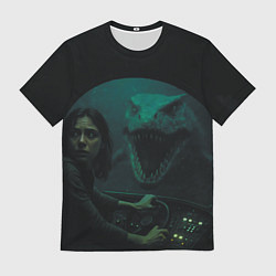 Футболка мужская Тилозавр нападает на батискаф с девушкой ужасы, цвет: 3D-принт