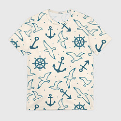 Футболка мужская Морской паттерн из штурвалов, чаек и якорей, цвет: 3D-принт