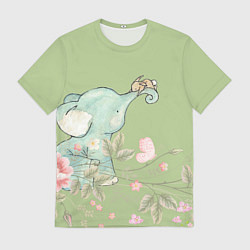 Футболка мужская Слоненок с зайчиком в цветах на зеленом, цвет: 3D-принт