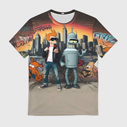 Футболка мужская Фрай и Бендер на фоне стены с граффити, цвет: 3D-принт
