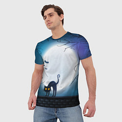 Футболка мужская Полнолуние и черный кот - жуткий Хэллоуин, цвет: 3D-принт — фото 2