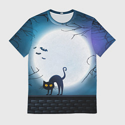 Футболка мужская Полнолуние и черный кот - жуткий Хэллоуин, цвет: 3D-принт