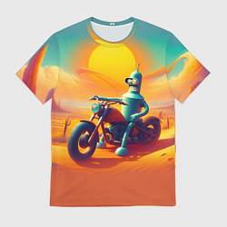 Футболка мужская Робот Бендер на мотоцикле в пустыне, цвет: 3D-принт