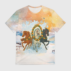 Футболка мужская Новогодняя тройка лошадей с мандаринами, цвет: 3D-принт